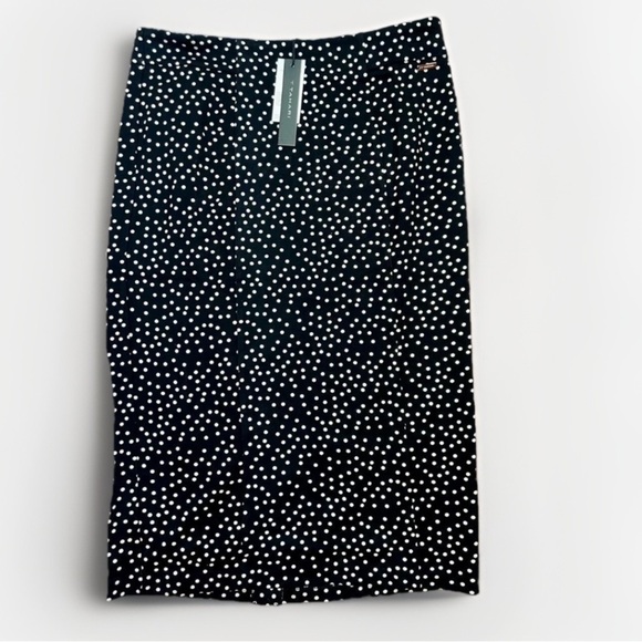 T TAHARI Midi Pencil Skirt Size M Black White Polka Dot Slit Leg Tummy Control - Picture 1 of 11